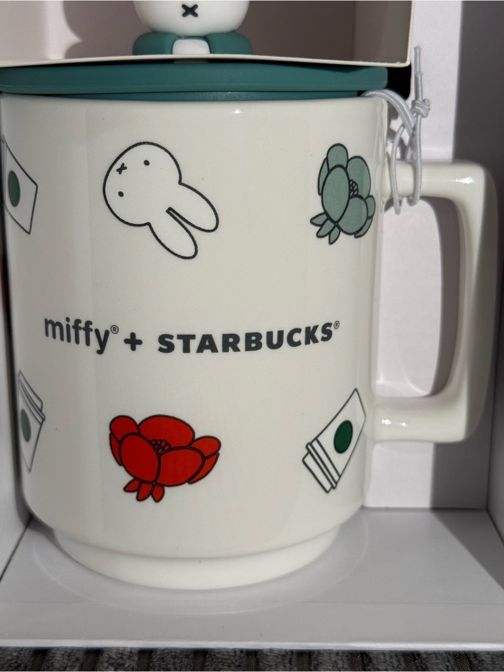 Starbucks x miffy White Mug with Teal Lid and Red Floral Accent - Picture 3 of 8